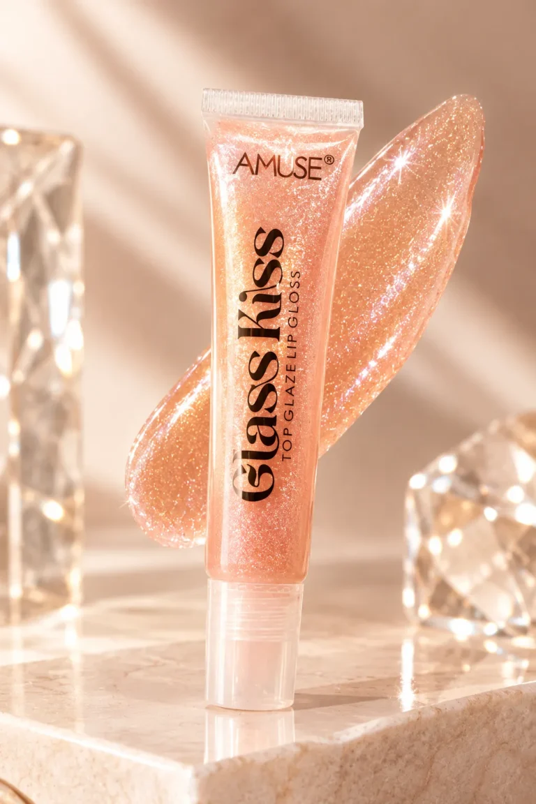 Amuse Glass Kiss Top Glaze Lip Gloss in a peach shimmer shade, stocked by Koko Dorado Beauty